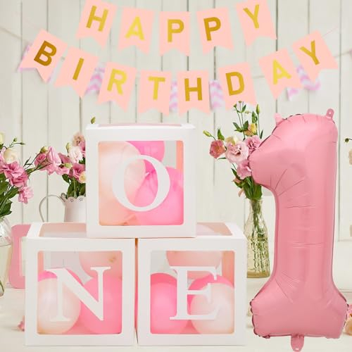 1st Birthday Party Decorations Boxes for Girls, 3Pcs Balloon Boxes with 24 Pink and White Balloons and ONE Letters, HAPPY BIRTHDAY Banner, Balloon Blocks for First Birthday Party decorations