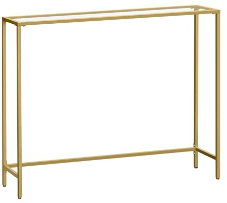 VASAGLE Konsolentisch, Beistelltisch, Oberfläche aus Hartglas, moderner Sofatisch, einfacher Aufbau, verstellbare Füße, Wohnzimmer, Flur, helles Gold-transparent LGT132A01