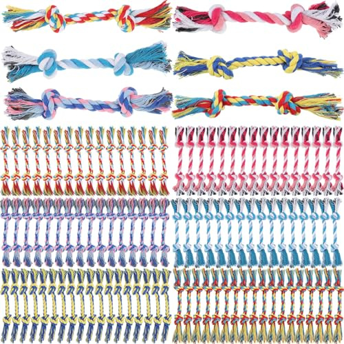 RoundFunny 100 Pcs Knot Rope Dog Toys Multi Color Puppy Chew Toy Cotton Puppy Dental Teething Toys 2 Knot Dog Tug for Small and Medium Dogs Aggressive Chewers Supplies
