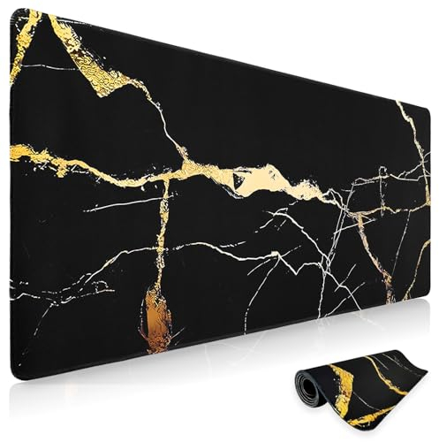 Niviy Gaming Mousepad 800x350mm Schwarz Marmor-Mauspad mit Genähten Kanten,Rutschfester Schreibtischunterlage mit Motiv Verbessert Präzision und Geschwindigkeit,Für Büro und Zuhause