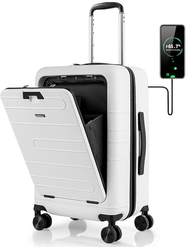 GYMAX Valise Cabine 20'', Poche Avant & Port USB Type-C & Tige Télescopique à 4 Niveaux & roulettes Lisses & Double Serrure TSA, Bagage à Main pour Voyages d'affaires (Blanc)