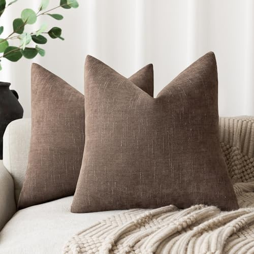 Foindtower Set of 2 Soft Textured Chenille Throw Decorative Pillow Covers Square Accent Solid Cushion Cover Cozy Neutral Farmhouse Pillow Case for Couch Sofa Bedroom Living Room 20x20 Inch, Chocolate