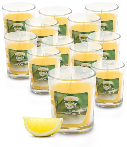 Citronella Duft Kerze im Glas 6 x 5 cm - 12 Stück - Duftlicht mit Zitronen Aroma - Garten Balkon Camping Bistro Licht 20 Std. Brenndauer