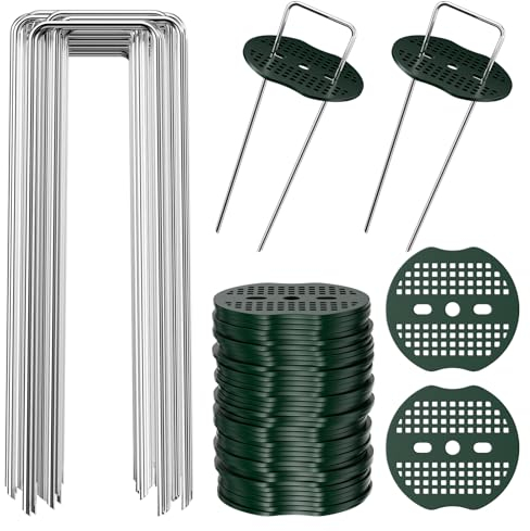 WinGluge 50 ancoraggi a terra zincati, con 20 rondelle, picchetti da giardino a forma di U, picchetti per tende, picchetti, per erbacce da giardino, campeggio, giardinaggio, erba artificiale