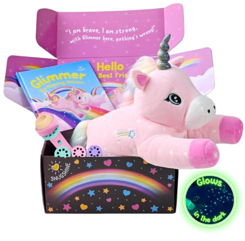 SNUGSHINE Glow in the Dark Unicorn Plush with Book & Flashlight Projector, 18 Inch Unicorn Stuffed Animal and Book Set, Light Up Toy Stuffies for Girls Gift Set, Bedtime Help Sleep Aid