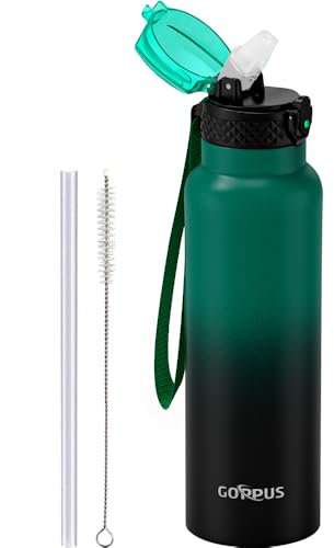 GOPPUS Borraccia in acciaio inox da 750 ml, con cannuccia, isolamento a doppia parete, con cinghia, riutilizzabile, sottovuoto, a prova di perdite, mantiene le bevande fredde, con coperchio