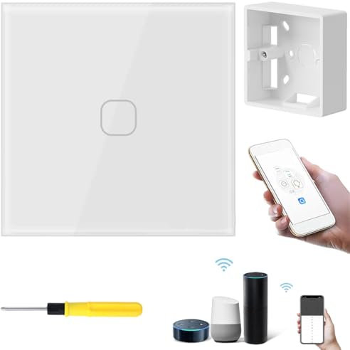 Acmerota WIFI Smart Light Switch Touch 1 Gang 1 Way, White Tempered Glass Panel Single Gang Smart Swich Compatible with Alexa & and for Google Home, with Back Bos