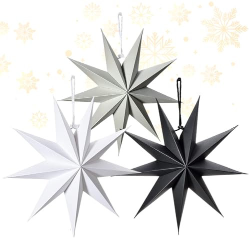 OMIGA 3 Pcs Paper Stars Hanging Paper Christmas Stars Lanterns 60 CM Pointed Paper Star Decorations for Wedding Birthday Baby Shower Room Christmas Ornaments Party Supplies (Black/White/Gray)