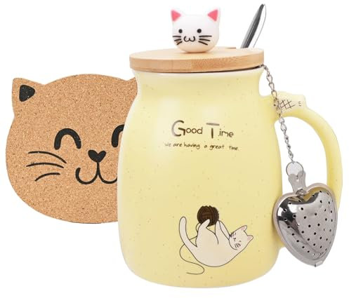 Thuro Tazza Gatto Tazza di caffè in Ceramica Carina con Infusore per tè,Coperchio,Cucchiaio Sottobicchieri,Tazza da caffè novità Natale Regalo per Gli Amanti dei Gatti Donne,450ml