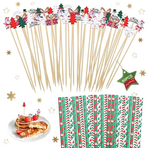 SPERMUOY Cocktailspieße Weihnachten,80 Stück Weihnachten Holzspieße Cocktail Party Deko mit 24 Stück Strohhalme,Weihnachtsparty Cocktail Picks für Weihnachtsfeier Essen & Trinken Dekoration