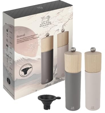 PEUGEOT - Duo Boreal Moulin à Poivre + Moulin à Sel 21 cm - Entonnoir Inox - Réglage Classique - En Bois De Hêtre Labellisé PEFC - Fabrication Française - Coloris Gris Roche & Rose Pale