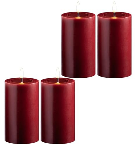 Novaliv 4X LED Stumpenkerze mit Timer 6 Stunden rot Echtwachs LED warmweiß 7,5cm ø 12,5cm Höhe - 2 AA Batterien nötig LED Echtwachskerze mit Flackereffekt flammenlose Stumpenkerze LED Kerze