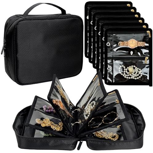 LingLingo Travel Jewelry Organizer Case,Jewelry Bags for Traveling, Jewelry Binder with 24 Pcs Clear Zipper Velvet Pouches for Storing Earrings, Rings, Necklace, Bracelet, Watch (Black)
