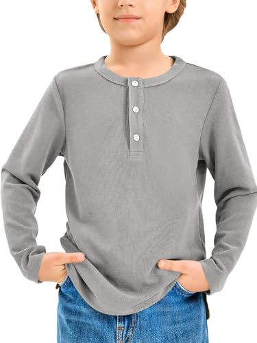 Haloumoning långärmade tröjor pojkar Henley-skjortor barn enfärgad rund hals t-shirts casual mode toppar, GRÅ, 6-8 år
