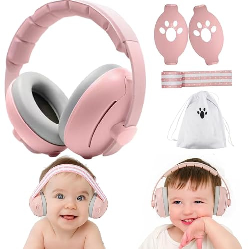 QSLKI Casque Anti Bruit Bébé, 2 En 1 Casque Anti Bruit Pour Nouveau-Nés, Protection Auditive Pour Les Bébés De 0 À 48 Mois, Réglable Et Confortable, Pour Le Sommeil Et Les Activités, Rose