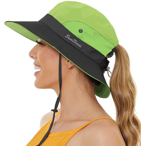 crazy bean Sonnenhut Damen Herren Fischerhut Faltbar Mesh Boonie Hat Wanderhut mit Breite Krempe Safari Hut mit Pferdeschwanz Outdoor Buschhut