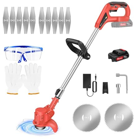 Cortador de hierba inalámbrico de 21 V, desbrozadoras telescópicas, cortahierbas, eléctrico, portátil, cortahierbas, para la limpieza del jardín, las malezas, (con 1 batería/rojo)