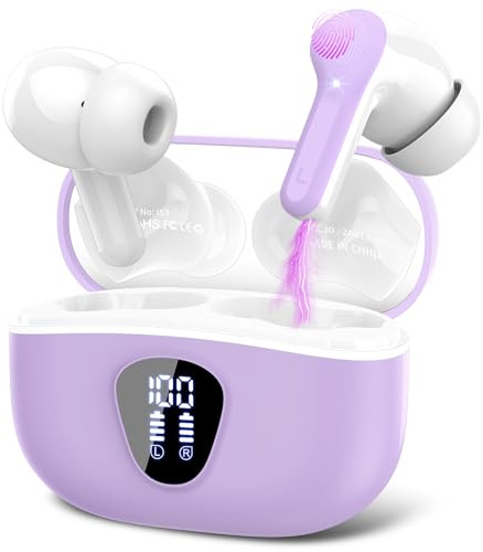 Ecouteurs Bluetooth sans Fil, Écouteurs Bluetooth 5.4 Oreillette Bluetooth Basses Immersives avec 4 ENC Mic,Casque Bluetooth sans Fil 46H avec Écran LED,Étanche IP7 Contrôle Tactile,Violet Clair(2026)