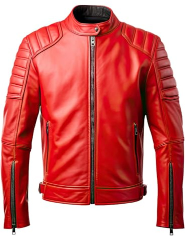 TRESSANO Giacca da motociclista trapuntata da uomo, in pelle di agnello rossa, stile vintage retrò Cafe Racer, Rosso, X-Small
