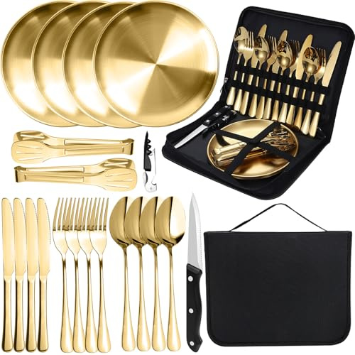 20 st Campingbesticksset för 4 personer, bärbart servisset för vandring, gult livsmedelsklassigt rostfritt stål, picknickredskapsset med skedar, gafflor, kniv, klämmare, platta, fodral med dragkedja