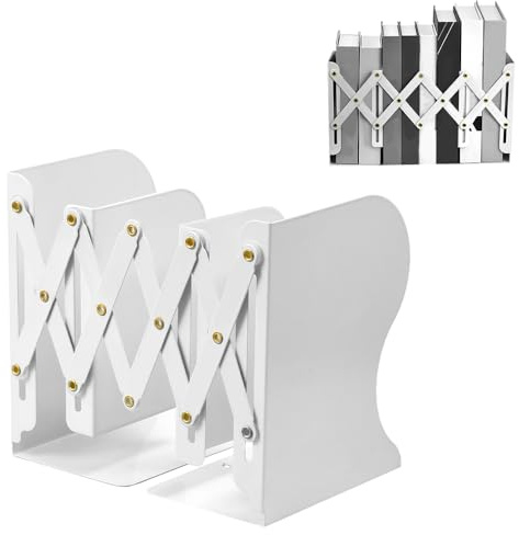 Zuxbolf Verstellbare Buchstütze Metall Bücherhalter Kinder Buchständer Erweiterbare Bücherstützen rutschfest Bücherregal Bücher Halter Bookends für Zuhause Regal Büro Schule Bibliothek (weiß)