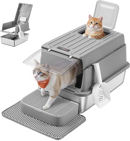 Feandrea Lettiera per Gatti in Acciaio Inox, Toilette per Gatti fino a 15 kg con Coperchio, con Paletta, Tappetino per Lettiera e 2 Ingressi, Grigio Tortora PPT007GN01