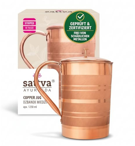 Sattva Ayurveda Jarra de agua de cobre de 1250 ml, cobre puro con certificado, jarra de desintoxicación ayurvédica, diseño de rayas premium, hecho a mano y sin plástico