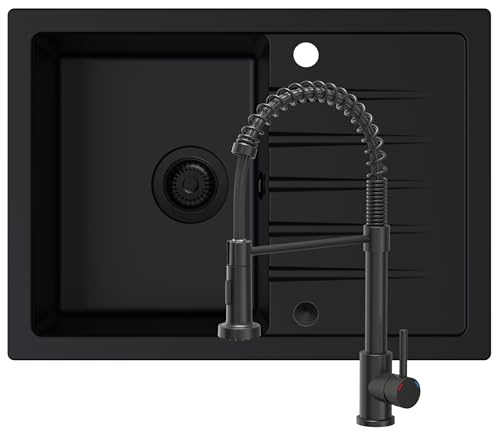 SINK QUALITY Spülbecken schwarz mit Armatur Set 68 x 49,5 cm - Spüle mit Wasserhahn, Siphon PUSH schwarz und Imprägniermittel - Küchenspüle Komplettset für 45er Unterschrank