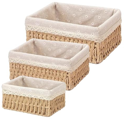 SKIKHN Panier Rangement,Lot de 3 Paniers de Rangement Tressés,Paniers Rangement Osier,Paniers et boîtes de Rangement,Paniers Tressés en Corde de Papier pour Salle de Bain,Cuisine,Organisateur Tablessé