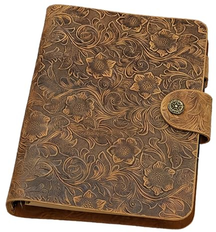 Geprägtes Echtleder Ringbuch A5/A6, Vintage Notizbuch Floral | Vollnarben Echtleder, florale Prägung, 6-Ring System, 80 Blatt/160 Seiten, liniert/blanko, Stiftschlaufe, Büro, Reise