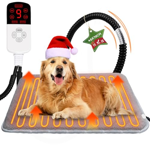 Warmfay Haustier Heizkissen 45 x 70CM, Heizdecke Katze mit 9 Stufen Temperatur & 4 Timing Einstellbar, wasserdichte Anti Biss Wärmedecke Heizmatte Innen für Hunde Katzen