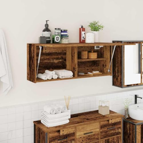 Ezbryzmatic Bathroom Wall Cabinet Antique Wood Look 100 x 25 x 40 cm, Chipboard Bathroom Cabinet with Door, Versatile Storage Space for Bathroom, Kitchen and Living Room in with Chrome-Plated Handles