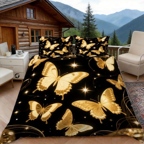 Funda Nordica Cama 90 Mariposa Oro Negro 3D Fundas Nordicas Mariposa Dorada 3pcs Ropa de Cama Microfibra Suave Funda Nórdica 135x200 y 2 Funda de Almohada 50x80 cm