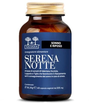 SERENA NOTTE Salugea - Integratore con Valeriana - Contro l'Insonnia - Migliora Durata e Qualità del Sonno - 100% Naturale con Valeriana, Escolzia, Luppolo e Tiglio - 60 Capsule Vegetali