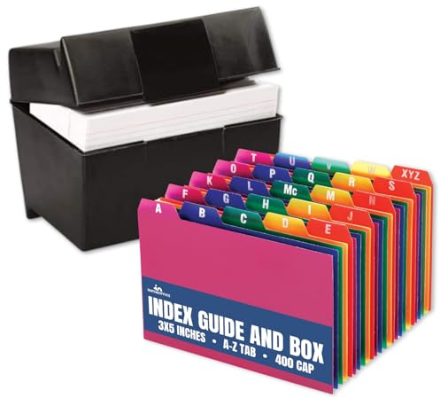 1InTheOffice - Caja de tarjetas de índice de 7,62 x 12,7 cm, soporte para tarjetas de índice 3 x 5 400 capacidad y juego de guía de tarjetas de índice, A-Z, pestaña de 1/5,