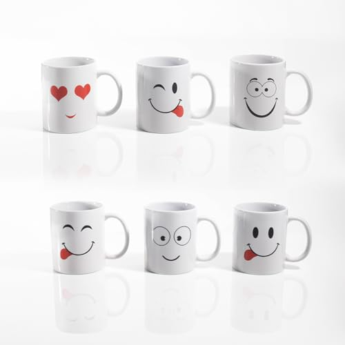 Homezone 11oz Emotion White Coffee Cups Set of 6 Ceramic Espresso Cappuccino Cups Latte Mugs for Hot Drink with Handles Hot Chocolate Mug Espresso Coffee Cups Tea & Coffee Mugs