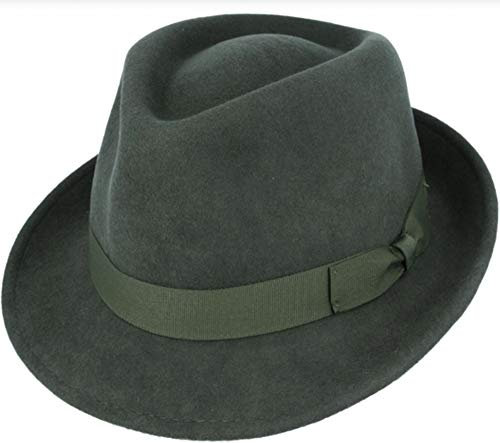 MAZ Einzigartiger Trilby-Hut aus 100 % Wolle, wasserdicht und knautschbar, handgefertigt, mit Ripsband, hochwertige Qualität, Trilby Fedora, Gr. X-Large, dunkelgrün