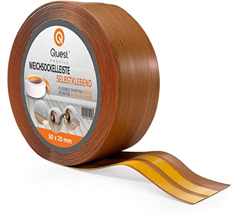Quest Battiscopa Morbido Adesivo - 50 mm x 20 mm - Listello in PVC, Finitura Flessibile, Profilo Angolare per Cucina, Bagno, Parete, Pavimento - Decorativo (Rovere rustico, 15m)