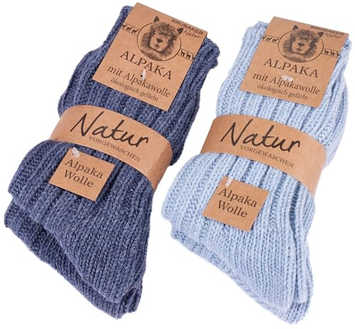 BRUBAKER Chaussettes Tricotées en Alpaga - Lot de 4 Paires - Laine d'Alpaga - Très Épaisses et Chaudes - Unisexe - Bleu - EU 39-42