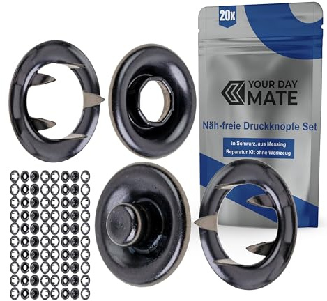Näh-freie Druckknöpfe Set, Ø 10 mm aussen, 20 Paare, in Silber-Schwarz, aus Messing, Kit ohne Zange, Druckknopf für Bekleidung, Bastelarbeit, DIY Zackenring Druck Knopf, Reparatur Knöpfe Nähzubehör