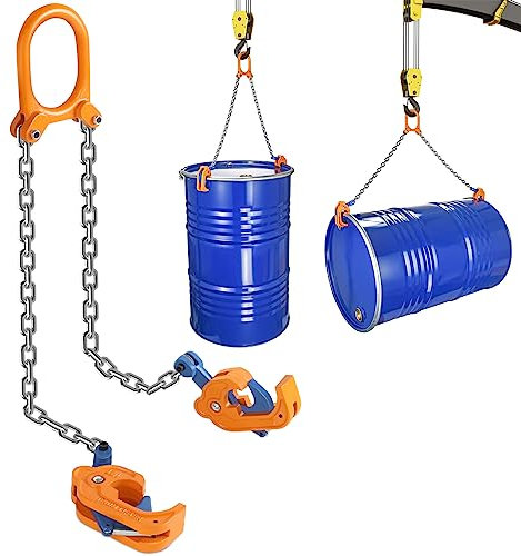 GPOAS Updated Chain Drum Lifter 2200 LBS Load Capacity Barrel Lifter G80 Lifting Chain Sling Vertical Drum Lifter Vertical Hoist Self Locking, Horizontal Lifter for Plastic & Metal Drums,Orange