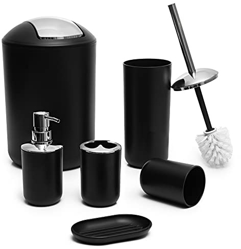 Moss & Stone 6-Piece Bathroom Accessories Set – Black Plastic Bathroom Set with Soap Dispenser, Toothbrush Holder, Cup & Soap Dish – Modern Countertop Bathroom Decor