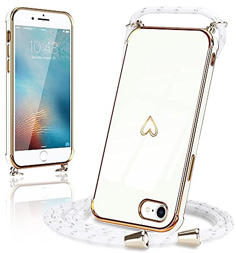 Micoden Handykette für iPhone 7/8/SE 2020/SE 2022 Hülle Necklace mit Band | Kameraschutz Handyhülle Herz Design Galvanik Dünn Silikon Case Bumper Kordel zum Umhängen Stoßfeste Schutzhülle, Weiß