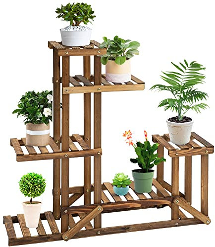 Outsunny Soporte de Madera para Flores Estantería Decorativa para Macetas Plantas con 6 Estantes Interior y Exterior para Jardín Balcón Terraza 95x28x96,5 cm Carbonizado