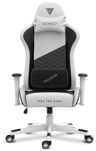 SENSE7 Gaming Stuhl Spellcaster Senshi Edition, ergonomischer Gaming Sessel, verstellbaren Lendenkissen Einstellbarer Neigungswinkel, Wippfunktion, PU-Leder Gaming Chair, 150kg, PC Stuhl Weiß