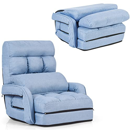 LIFEZEAL Sillón Individual Convertible, sofá Cama Plegable con Respaldo Ajustable en 5 Posiciones, Silla Suelo de 1 Plaza con cojín y reposabrazos, para salón, Dormitorio (Azul)