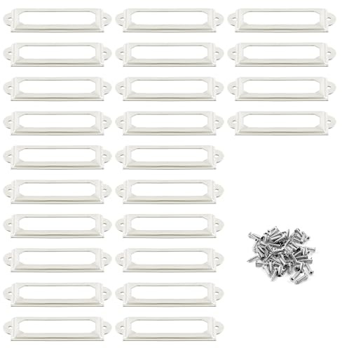 Auvotuis 24 Stück antike Etikettenhalter, weißer Metall-Namenskarten-Rahmen, Vintage, Büro, Bibliothek, Aktenordner, Schublade, Tag für Schrank und Regale (74 x 33 mm)
