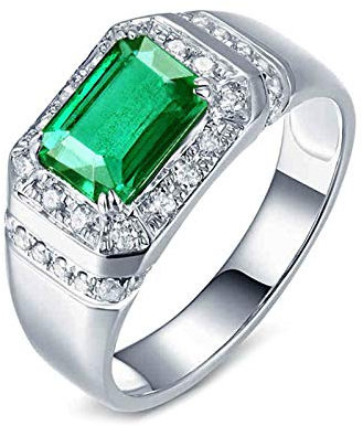 Lieson Platin Ring Herren, Freundschaftsringe Herren 1.42ct Rechteckig Smaragd mit 0.35ct Diamant Verlobungsring Weißgold Gr.60 (19.1)