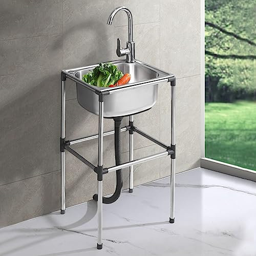 Lavandino Da Esterno In Acciaio Inox Lavello da Cucina in Piedi Lavamani Industriale,Lavatoio da Giardino Campeggio Vasca Singola Lavandino della Cucina,Con Rubinetto (52x38x75cm)