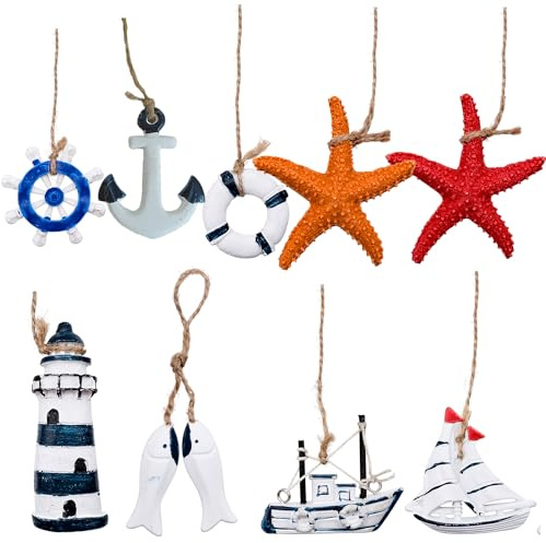 9Pcs Wooden Nautical Hanging Ornaments, Maritime Decoration, Mini Nautical Decoration Mini Beach Ornament Wooden Boat Anchor Starfish Lighthouse Bathroom Hanging Mediterranean Style Resin Crafts Model